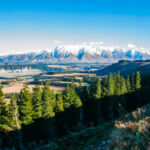 The dramatic scenery of New Zealand's South Island. Large mountains in the distance with pine forests and plains stretching out in every direction on a clear winters day