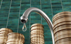 Water buybacks balance respect for capital and the environment Water droplet dripping from a kitchen water tap surrounded by stacks of gold coins with green rectangular tiles as background. Illustration of the relationship between pipe leakage and money
