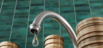 Water buybacks balance respect for capital and the environment Water droplet dripping from a kitchen water tap surrounded by stacks of gold coins with green rectangular tiles as background. Illustration of the relationship between pipe leakage and money