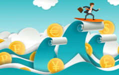Buisinessman riding a wave illustration with water and surf made up of money and coins