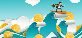 Buisinessman riding a wave illustration with water and surf made up of money and coins