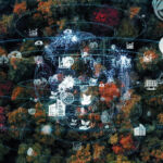 Planet sphere illustration on overhead pic of autumn forest