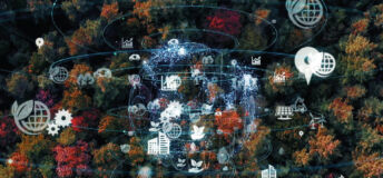 Planet sphere illustration on overhead pic of autumn forest