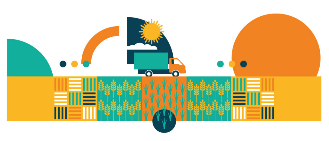An illustration of a van driving through farmland