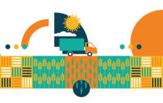 An illustration of a van driving through farmland